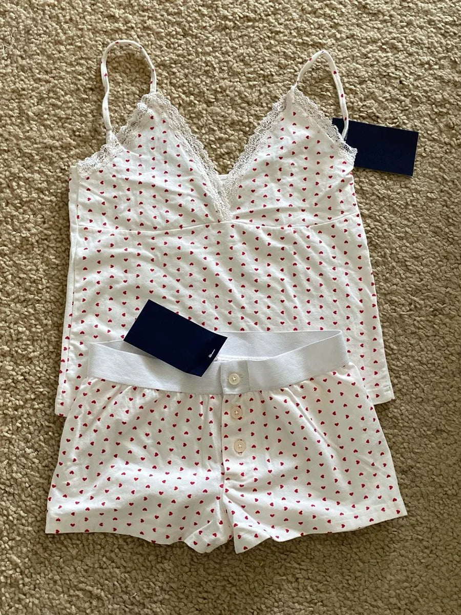 Strawberry Vest Shorts 2 Pieces Set Woman Eyelet Bow Slim Tank Top with Elastic Waist Patchwork Straight Short Pant Sweet Sets