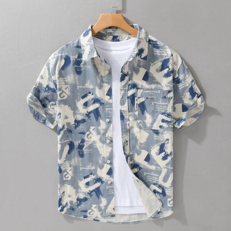 Summer New Beach Printed Pure Cotton Short Sleeve Shirts Men Clothing Casual Simple Thin Soft Streetwear FY545