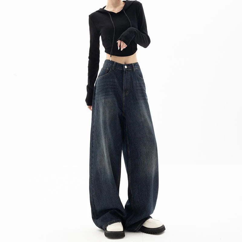 Retro Street Style Wide Leg Pants Niche Design Floor Length Pants High Waisted Loose Fit Slimming Jeans For Women