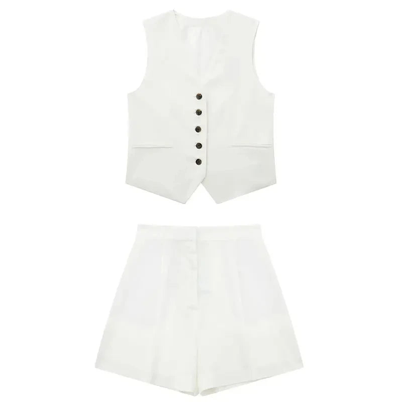 TRAFZA Women Elegant Solid Waistcoat Pant Sets Single Breasted V Neck Vest Top + High Waist Slim Shorts Lady Office Wear Suits