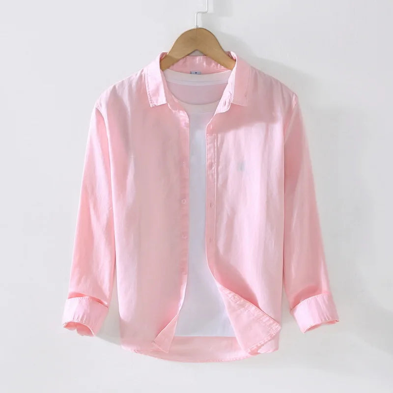 Camping Spring Summer New Linen White Long-Sleeved Shirt, Men's Cotton&Linen Shirt, Business Casual, Comfortable Loose Blouson