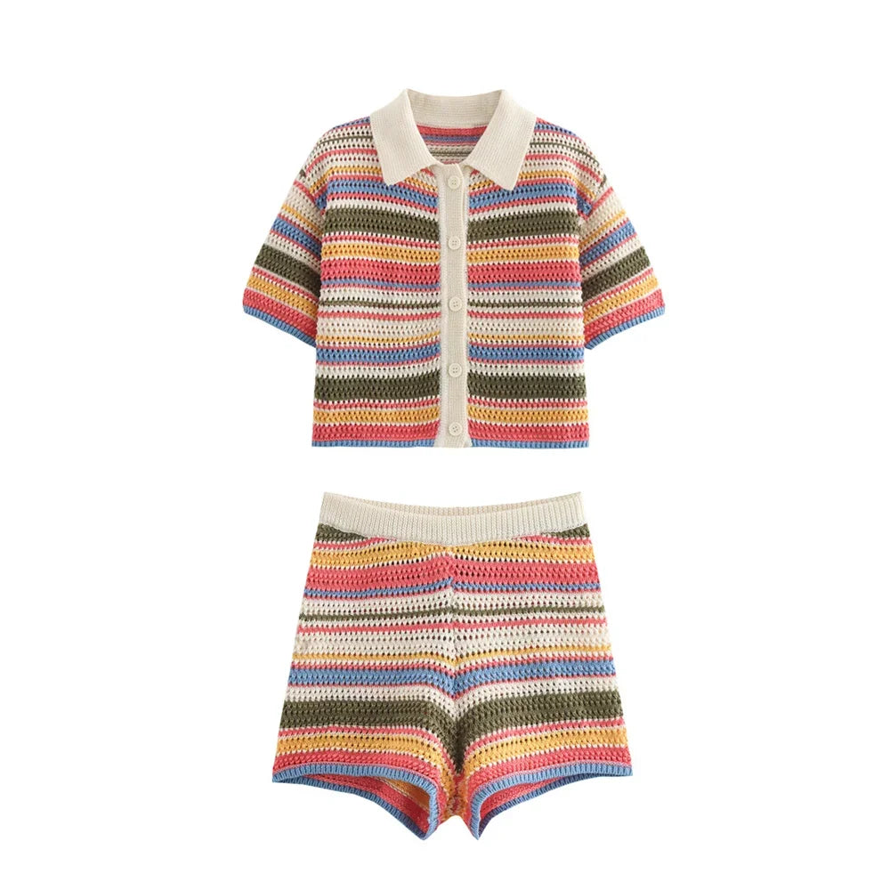 2025 Autumn European And American New Women's Fashion Casual Stripe Printed Short Sleeve Flip Collar Cardigan Casual Shorts Set