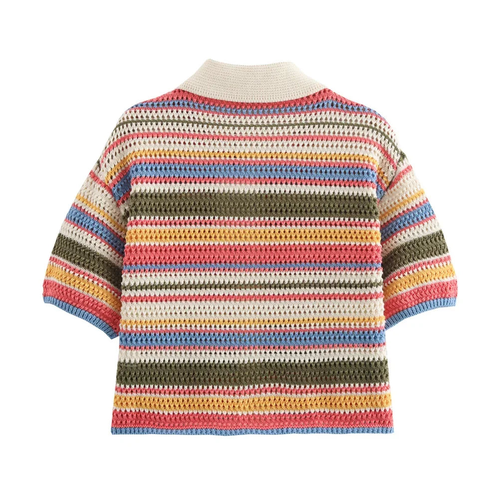 2025 Autumn European And American New Women's Fashion Casual Stripe Printed Short Sleeve Flip Collar Cardigan Casual Shorts Set