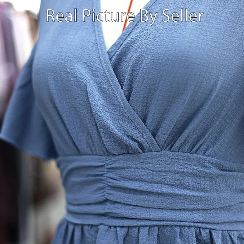 Women Ruffle Solid Pleated Long Dress Chic V Neck Short Sleeved Black Blue Lace Up Robes Summer Lady High Street Wear Holiday