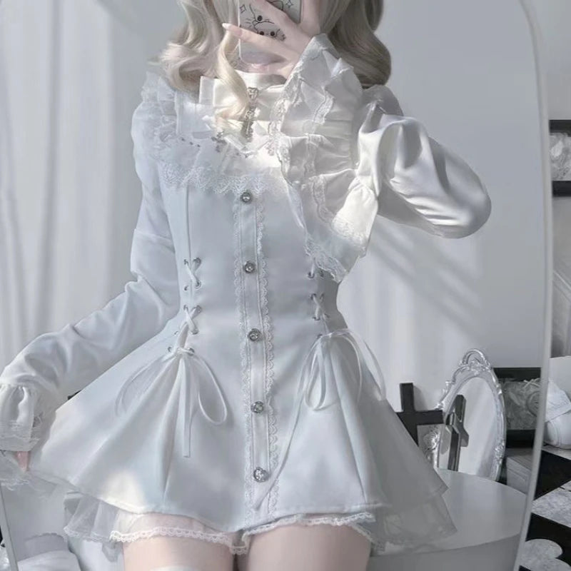 Japanese Gothic Lolita Dress Set Women Harajuku Y2k Bow Lace Ruffles Collar Mini Dresses Female Elegant Party Cute Dress