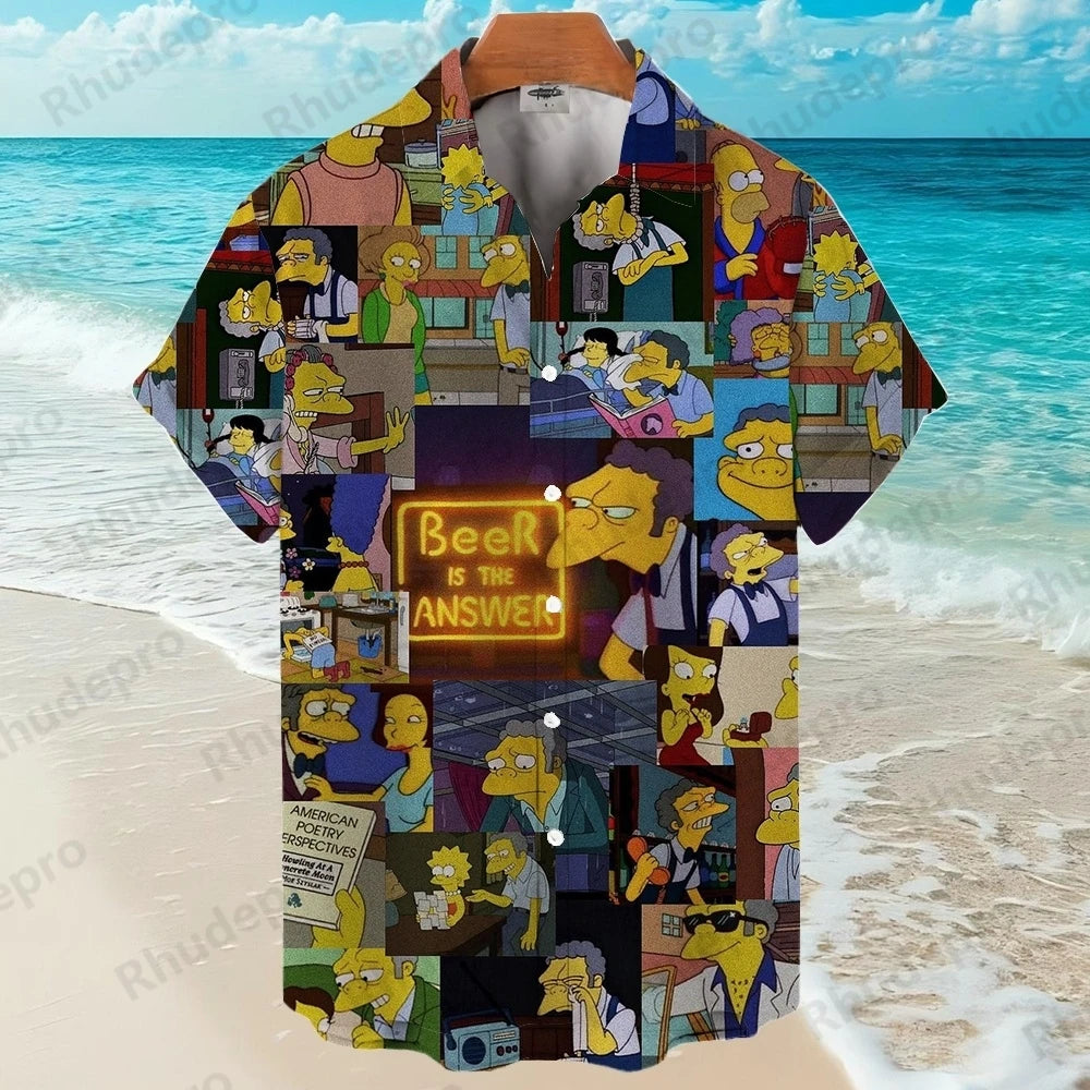 Disney The Simpsons family Anime Summer New Streetwear Men Lapel Short Sleeve Hawaiian shirt Harajuku Style Fashion Casual Slim