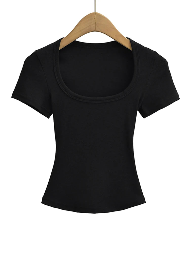 Summer square neck high elasticity crop top women's short sleeved sexy top slim fit pullover base shirt