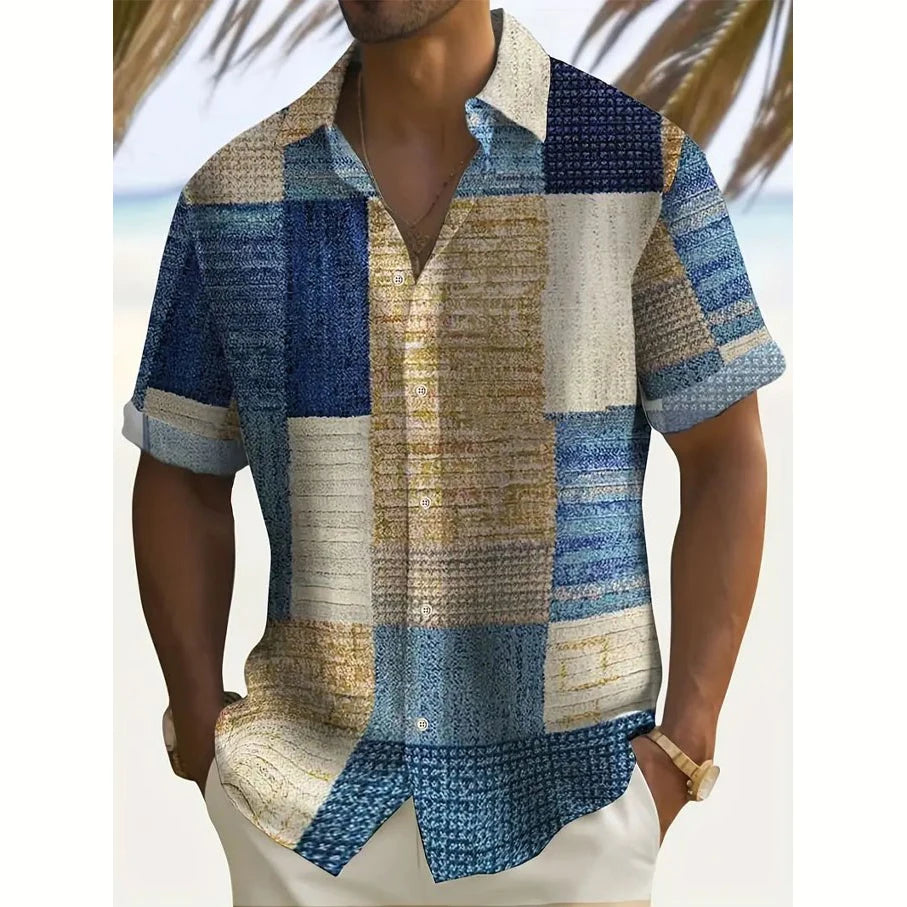 Retro Men's Shirt Fashion Lattice Print Hawaii Shirt Summer Casual Short Sleeve Cardigan Top Street Vintage Overszied Clothing