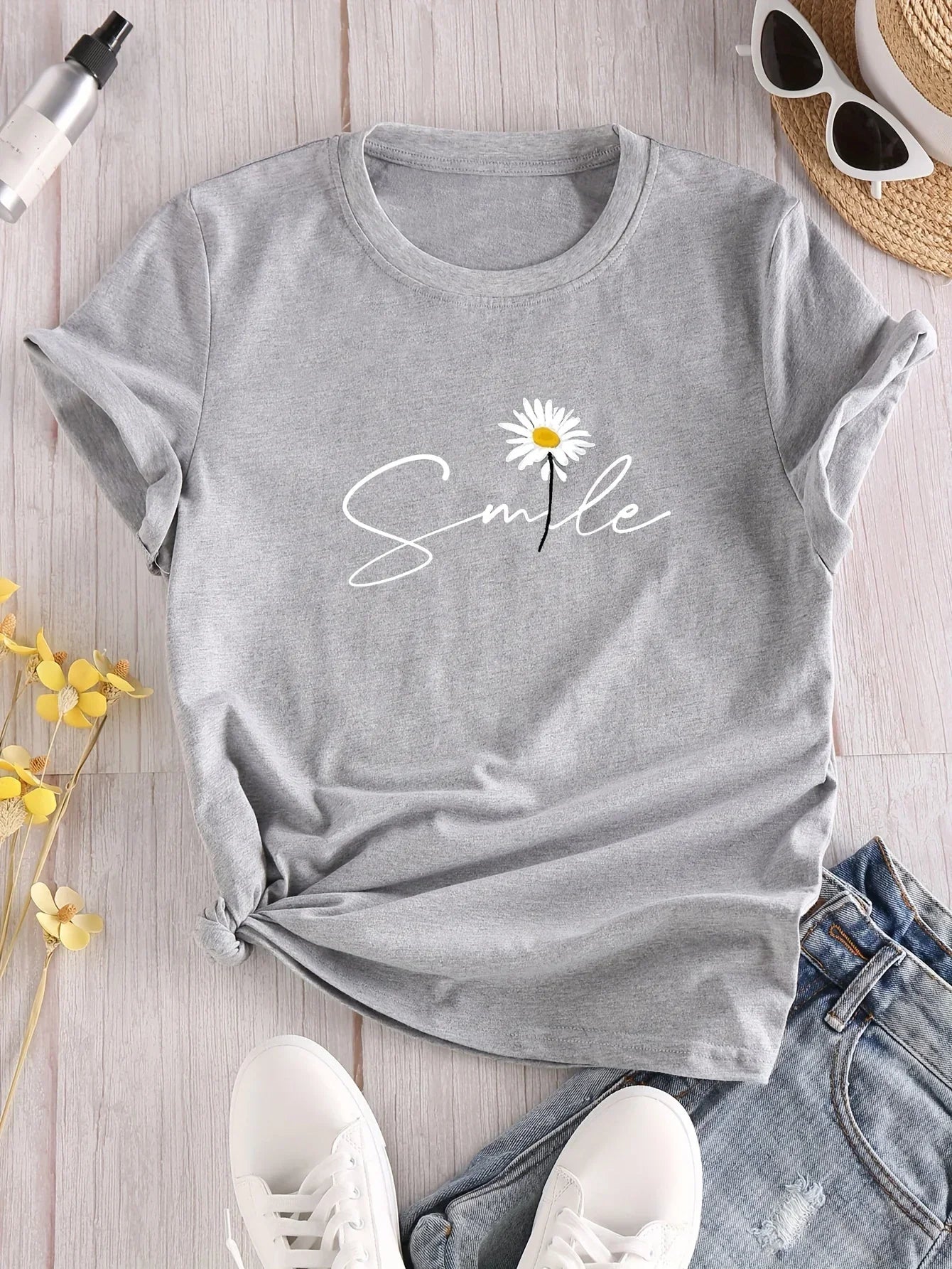 Flower & Letter Print Crew Neck T-Shirt Casual Short Sleeve T-Shirt for Summer Women's Clothing Comfortable Soft Creative Tops