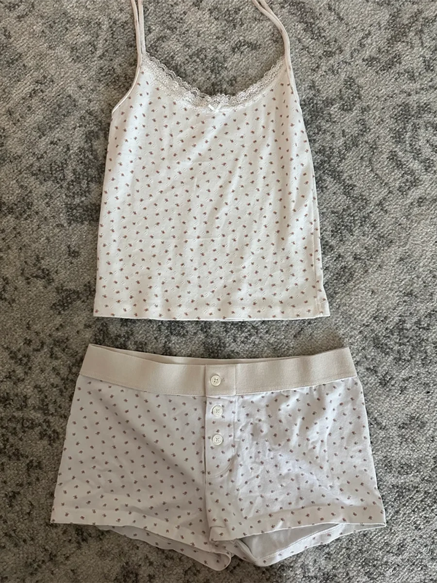 Strawberry Vest Shorts 2 Pieces Set Woman Eyelet Bow Slim Tank Top with Elastic Waist Patchwork Straight Short Pant Sweet Sets