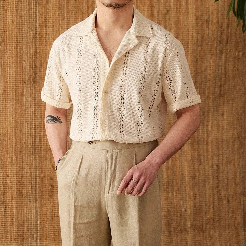 Summer Thin Jacket Short-sleeved Shirt Gentleman's Outfit Light Mature Hollow Versatile Vacation Cuban Collar Casual Shirt Men