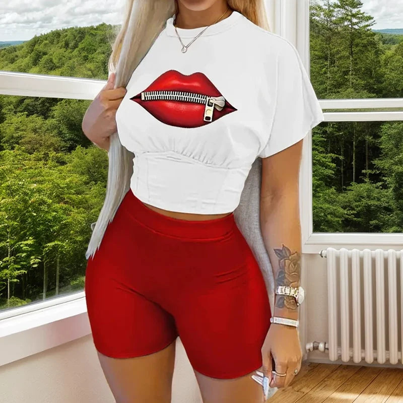 Two Piece Set Women Letter Print Short Sleeve Crop Corset T-shirt & Ladies High Waist Shorts Set Pants Outfits Plus Size