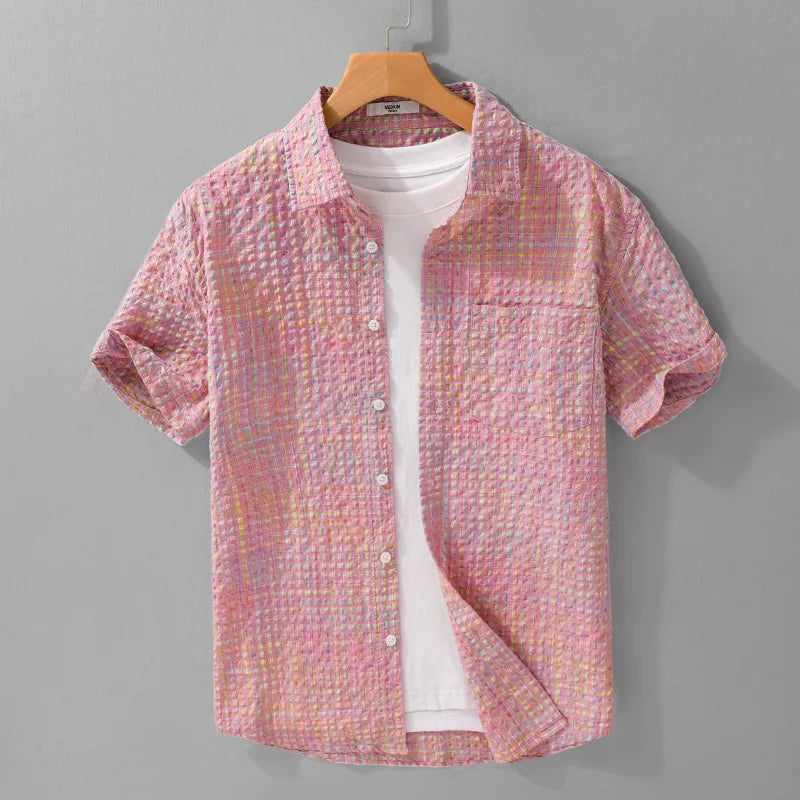 2025 Summer New Casual Checkered Bubble Yarn Short Sleeve Shirt for Men Slim Casual Turn-down Collar Classic Shirt FY740