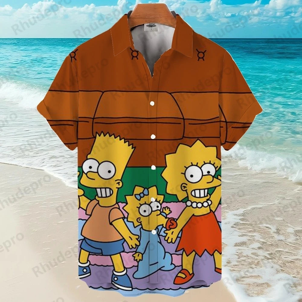 Disney The Simpsons family Anime Summer New Streetwear Men Lapel Short Sleeve Hawaiian shirt Harajuku Style Fashion Casual Slim