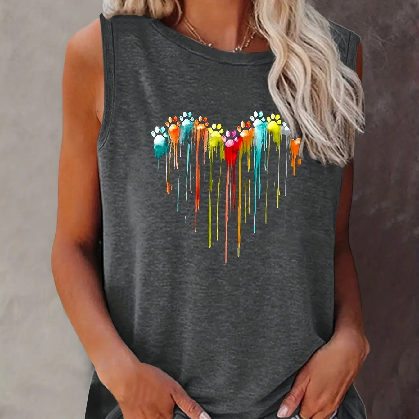 Women's Summer Colorful Paw Print Loose Size Breathable and Comfortable Sleeveless Tank Top T-shirt Summer Casual Loose
