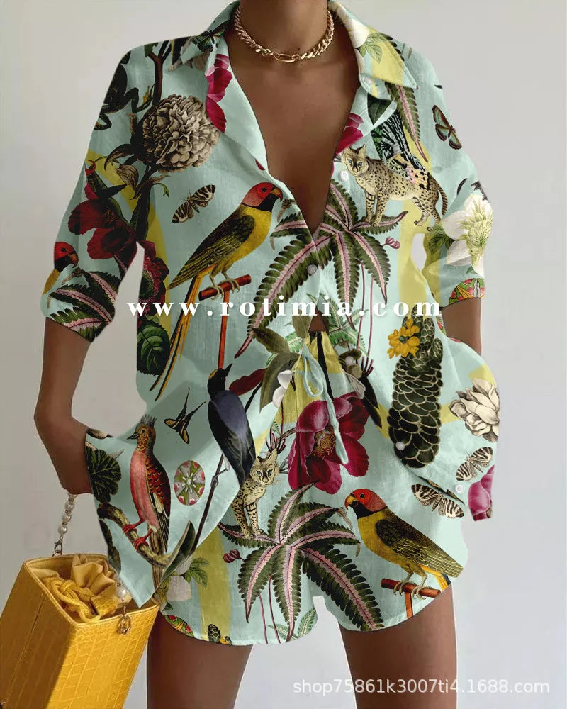 Short-sleeved Lapel Boho Shirt Top + Shorts 2-piece Set Women Fashion Spring Summer Floral Print Seaside Vacation Suit Female