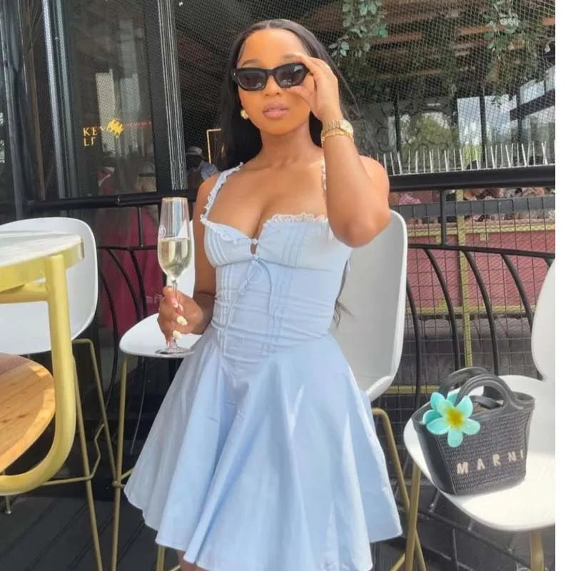 YENKYE New 2025 Women Blue Elegant Party Mini Dresses Sexy Sleeveless Low Waist A-line Summer Dress Lace Up Back Robe
