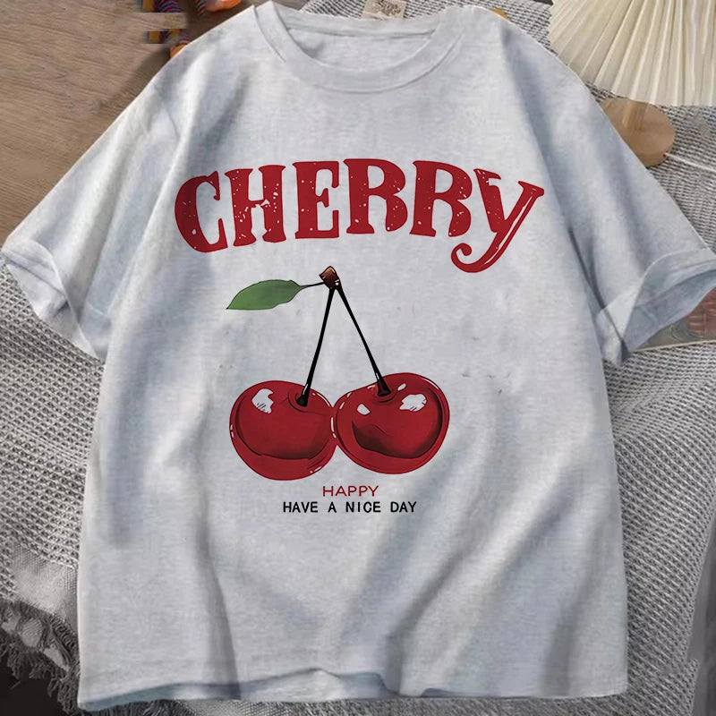 Summer Women Fashion Cherry T-Shirt Cherry Print O-Neck Tops Tees Floral Graphic Short Sleeve Clothing Female Casual Streetwear