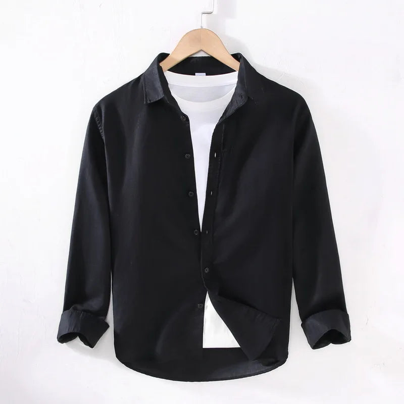 Camping Spring Summer New Linen White Long-Sleeved Shirt, Men's Cotton&Linen Shirt, Business Casual, Comfortable Loose Blouson