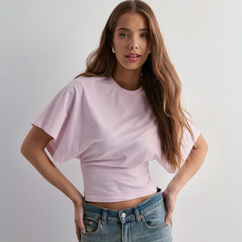 CUTENOVA Women'S Summer Loose Short-Sleeved T-Shirt Tops Waist Slimming Sweet And Hottie Design Sense Positive Shoulder Top