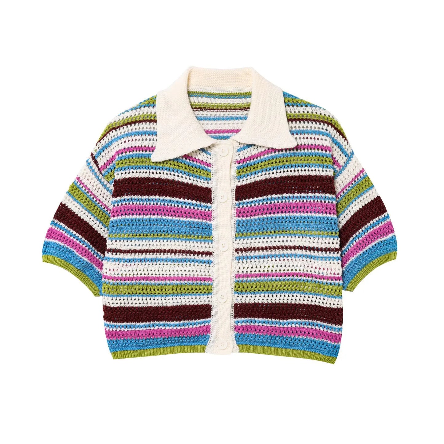 2025 Autumn European And American New Women's Fashion Casual Stripe Printed Short Sleeve Flip Collar Cardigan Casual Shorts Set