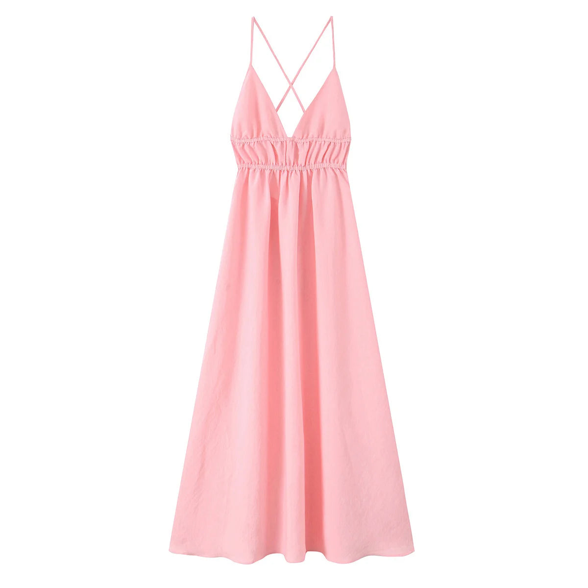 PB&ZA2025 New Women's Casual Fashion Temperament Pleated Drape Backless Midi Sling V-neck Dress Long Skirt