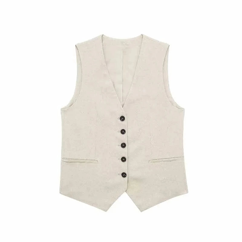 TRAFZA Women Elegant Solid Waistcoat Pant Sets Single Breasted V Neck Vest Top + High Waist Slim Shorts Lady Office Wear Suits