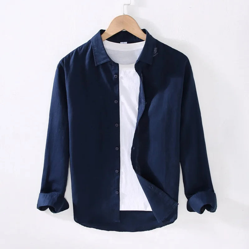 Camping Spring Summer New Linen White Long-Sleeved Shirt, Men's Cotton&Linen Shirt, Business Casual, Comfortable Loose Blouson