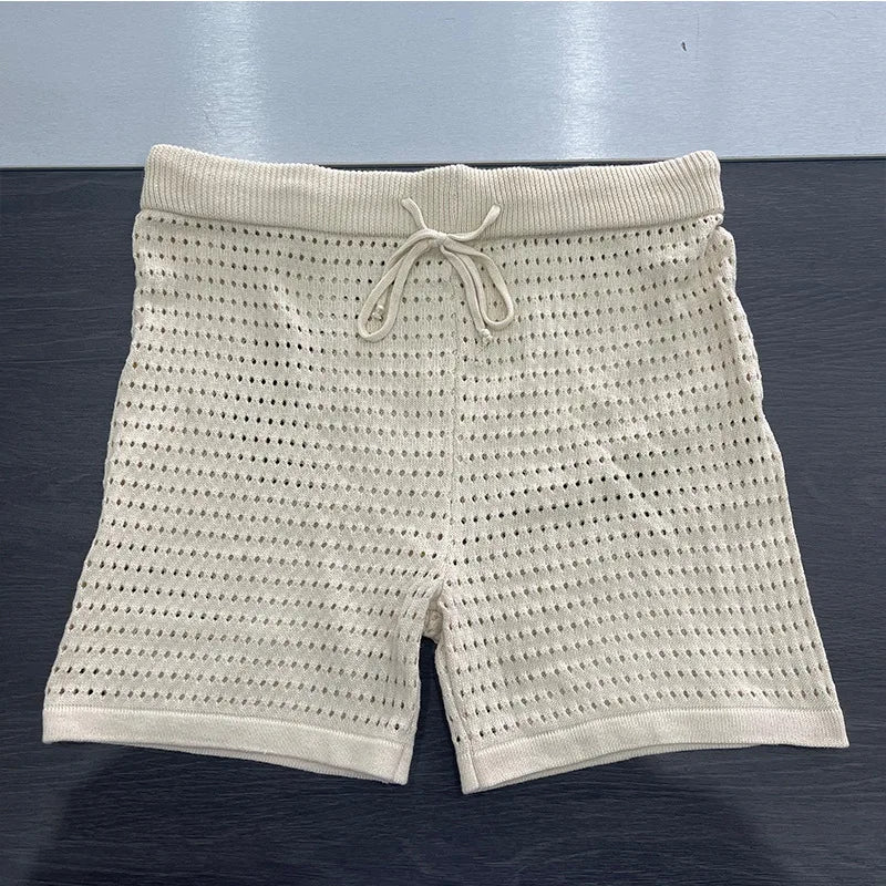 Slim Knit Hollow Out Cardigan Tops Set Women Sexy Single Breasted Short Sleeve Shirt Lace-up Shorts 2025 Summer New Lady Outfits