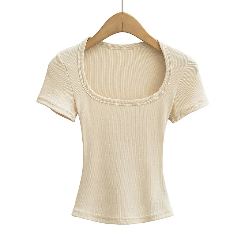 Summer square neck high elasticity crop top women's short sleeved sexy top slim fit pullover base shirt