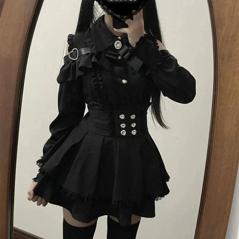 Japanese Gothic Lolita Dress Set Women Harajuku Y2k Bow Lace Ruffles Collar Mini Dresses Female Elegant Party Cute Dress