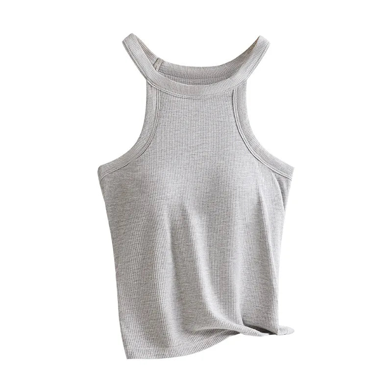 Threaded Halter Neck Camisole Top With Build-in Bra High Elastic Slim-fitting Sling Fixed Cup Breathable Women Underwear