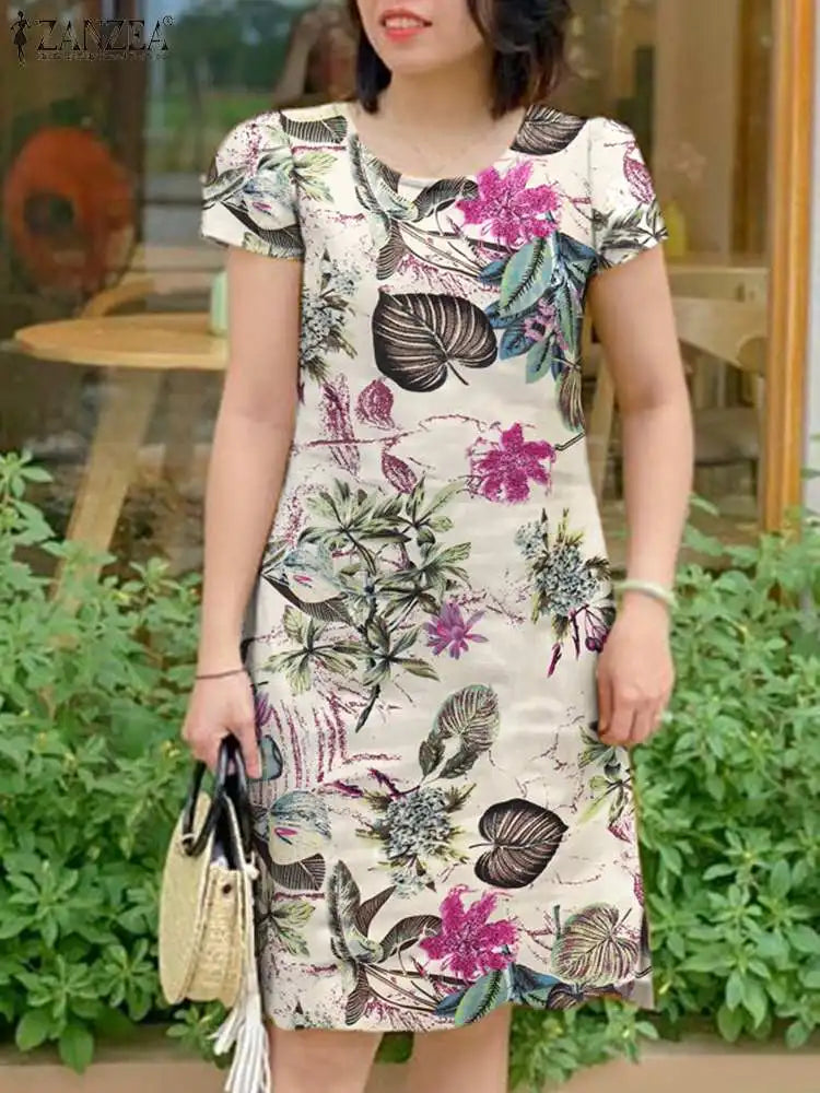 Summer Sundress Women Vintage Short Sleeve Floral Dress Robe 2024 ZANZEA Elegant Holiday Dress Casual O-Neck Beach Vestidos