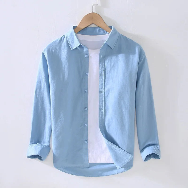 Camping Spring Summer New Linen White Long-Sleeved Shirt, Men's Cotton&Linen Shirt, Business Casual, Comfortable Loose Blouson