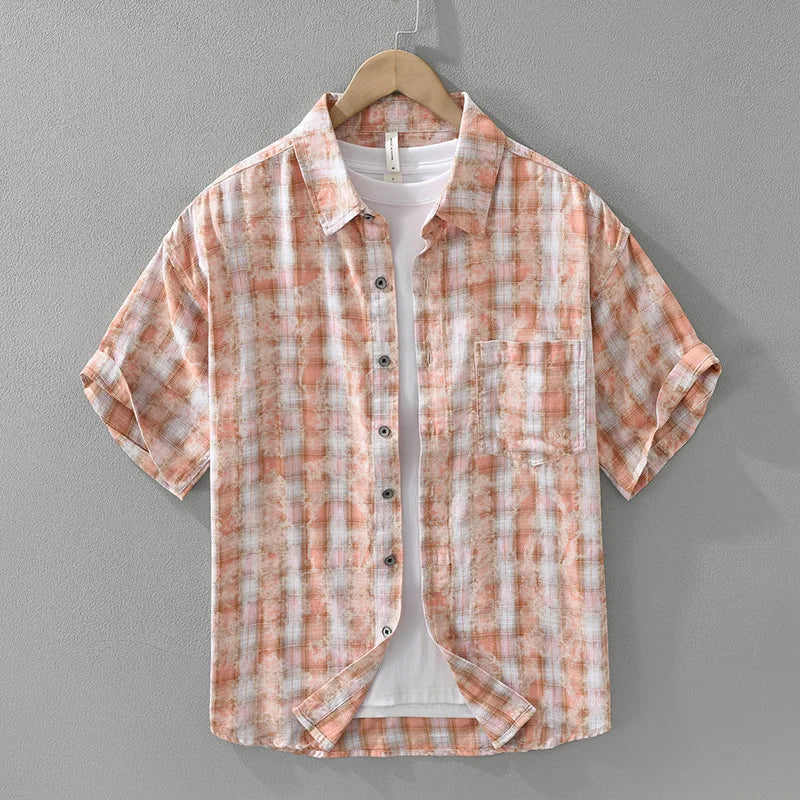 2025 Summer New 100% Cotton Casual Plaid Short Sleeve Shirt for Men Loose Turn-down Collar Shirt CM8265