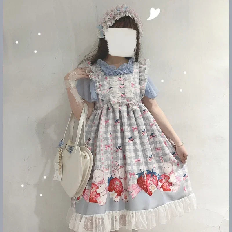 KOSAHIKI Japanese Lolita Dress Girls Strawberry Bunny Jsk Dresses Women Harajuku Sleeveless Cute 2025 Cosplay Vestido