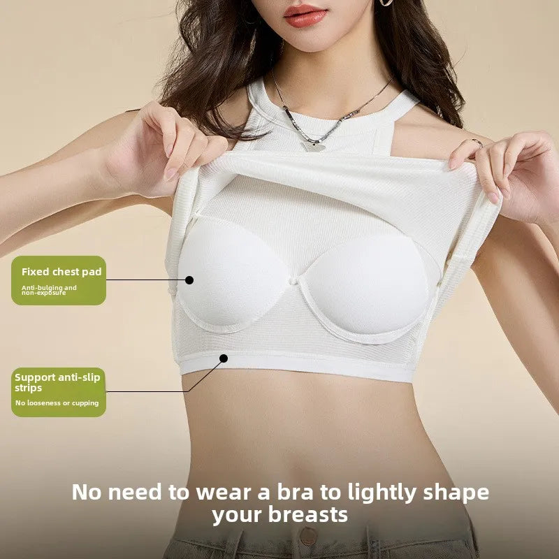 Threaded Halter Neck Camisole Top With Build-in Bra High Elastic Slim-fitting Sling Fixed Cup Breathable Women Underwear