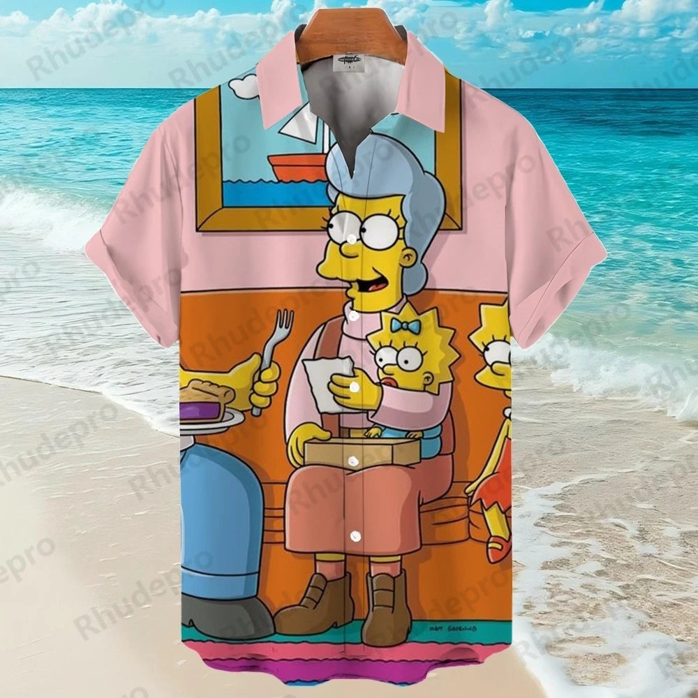 Disney The Simpsons family Anime Summer New Streetwear Men Lapel Short Sleeve Hawaiian shirt Harajuku Style Fashion Casual Slim