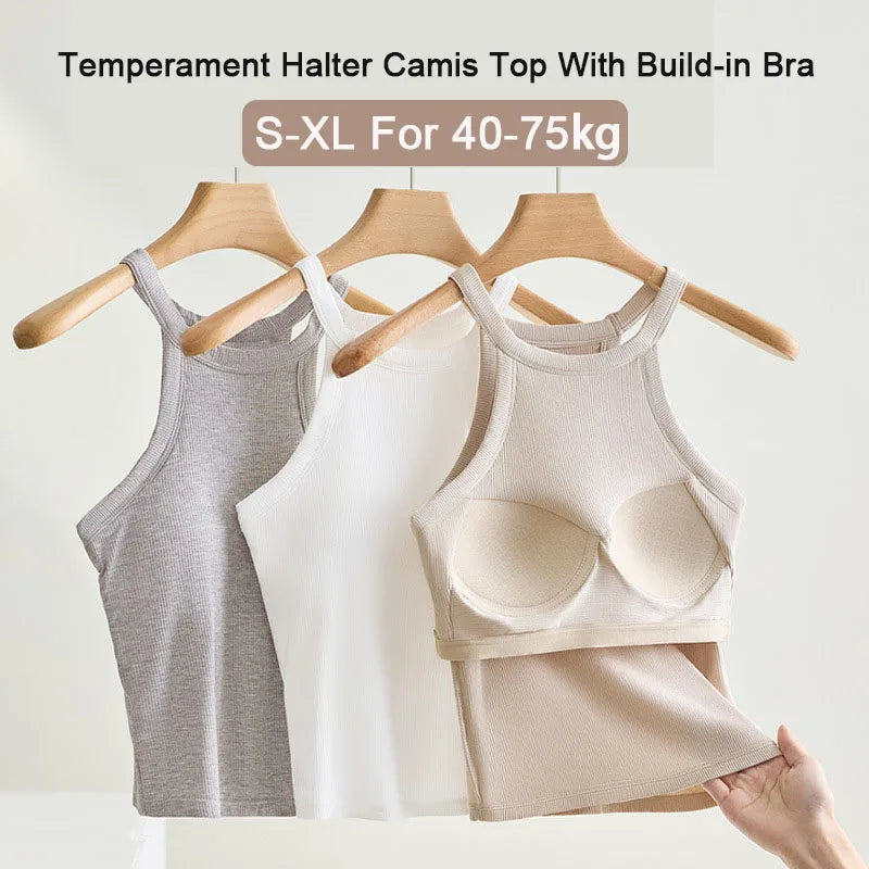 Threaded Halter Neck Camisole Top With Build-in Bra High Elastic Slim-fitting Sling Fixed Cup Breathable Women Underwear