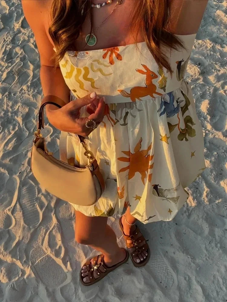 MUJER Print Slip Mini Dress Women Sleeveless Summer Dress Woman 2025 Ruched Sundress Vestidos Backless Short Dresses for Women