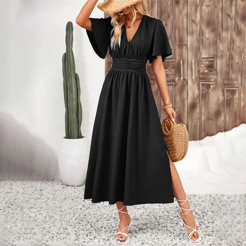 Women Ruffle Solid Pleated Long Dress Chic V Neck Short Sleeved Black Blue Lace Up Robes Summer Lady High Street Wear Holiday