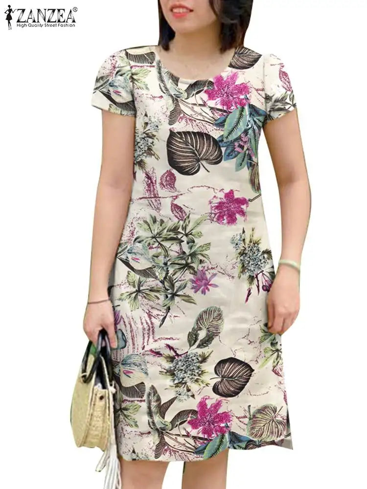 Summer Sundress Women Vintage Short Sleeve Floral Dress Robe 2024 ZANZEA Elegant Holiday Dress Casual O-Neck Beach Vestidos