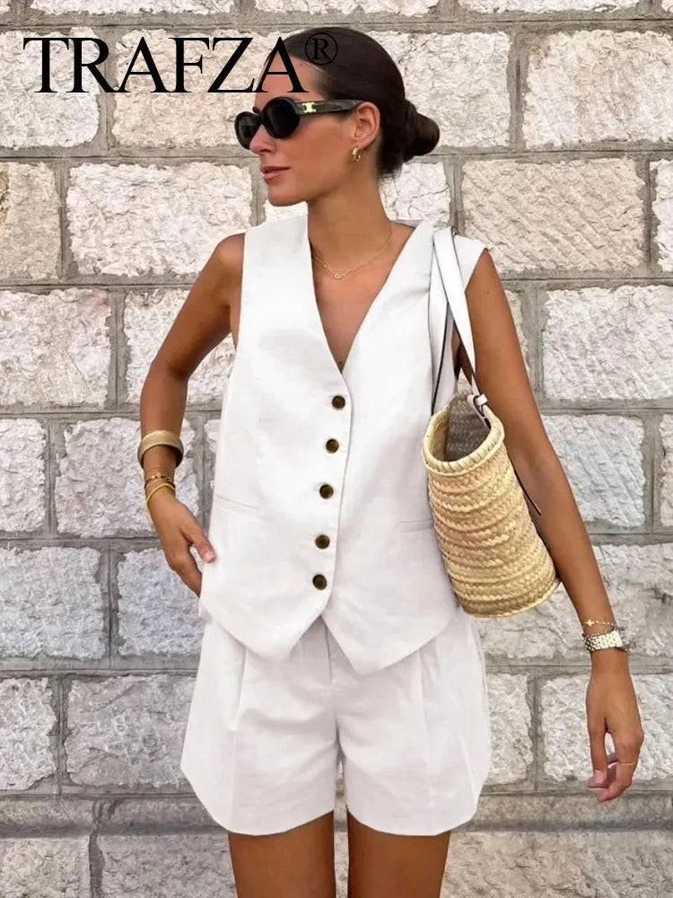 TRAFZA Women Elegant Solid Waistcoat Pant Sets Single Breasted V Neck Vest Top + High Waist Slim Shorts Lady Office Wear Suits