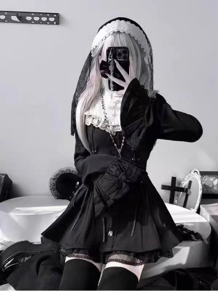 Japanese Gothic Lolita Dress Set Women Harajuku Y2k Bow Lace Ruffles Collar Mini Dresses Female Elegant Party Cute Dress