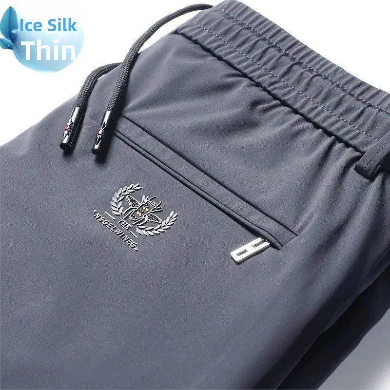 Summer Thin Men's Pants Non-stickable High Elasticity Straight-leg Pants Ice Silk Middle-aged Sweatpants