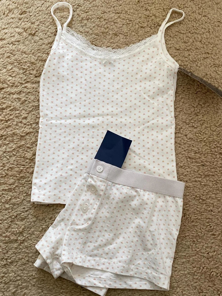 Strawberry Vest Shorts 2 Pieces Set Woman Eyelet Bow Slim Tank Top with Elastic Waist Patchwork Straight Short Pant Sweet Sets