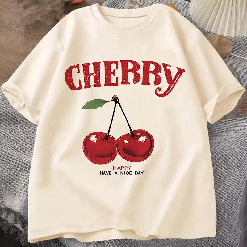 Summer Women Fashion Cherry T-Shirt Cherry Print O-Neck Tops Tees Floral Graphic Short Sleeve Clothing Female Casual Streetwear