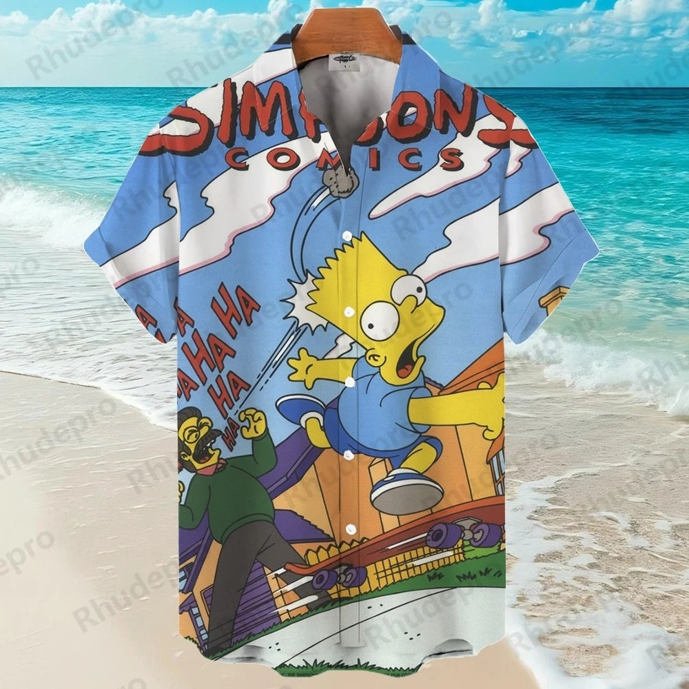 Disney The Simpsons family Anime Summer New Streetwear Men Lapel Short Sleeve Hawaiian shirt Harajuku Style Fashion Casual Slim