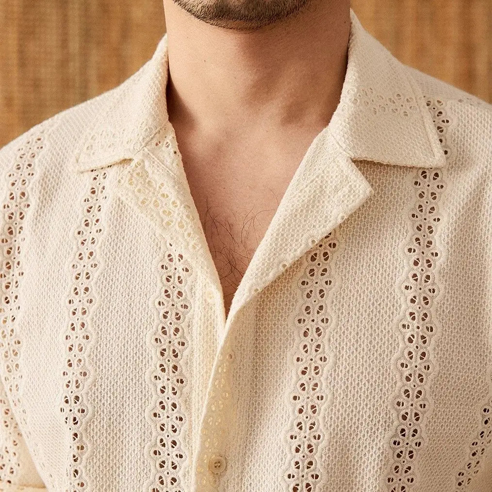 Summer Thin Jacket Short-sleeved Shirt Gentleman's Outfit Light Mature Hollow Versatile Vacation Cuban Collar Casual Shirt Men