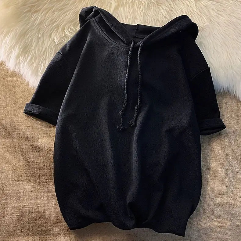 New Hooded Short-sleeved Sweatshirt for Men Summer Fashion T-shirt Mid-sleeved Trendy Teen Pullover